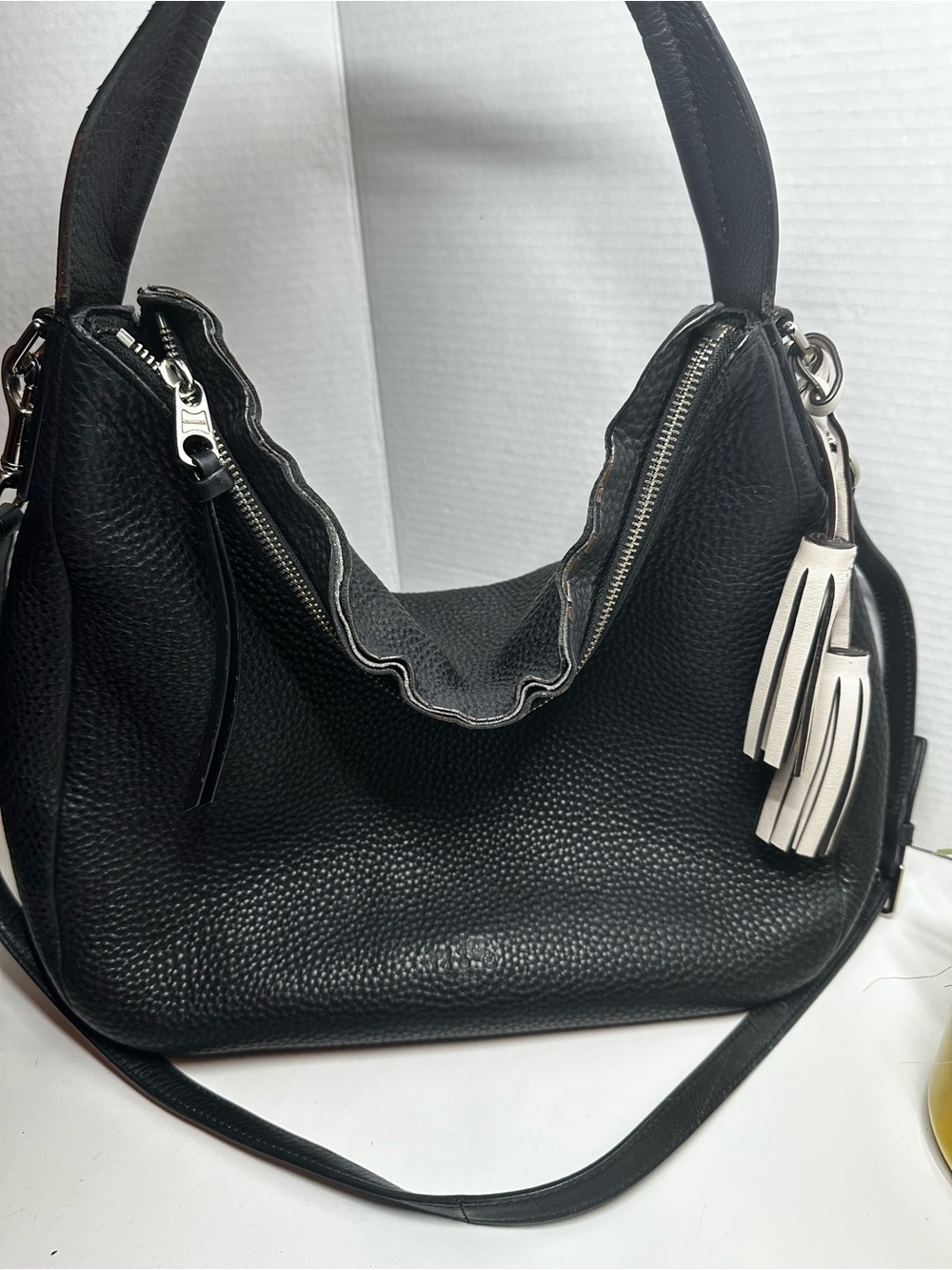 Coach Black Leather Shoulder Bag with White Tassel